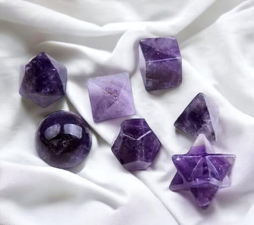 Amethyst Sacred Geometry Set - 7 Piece Healing Crystal Platonic Solid Shape Set for Chakra Balancing