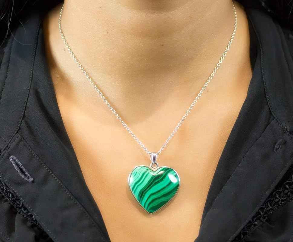 Divinity Crystals Malachite Heart Pendant with Metal Chain for Balance, Manifestation, and Intuition - A Stone of Transformation