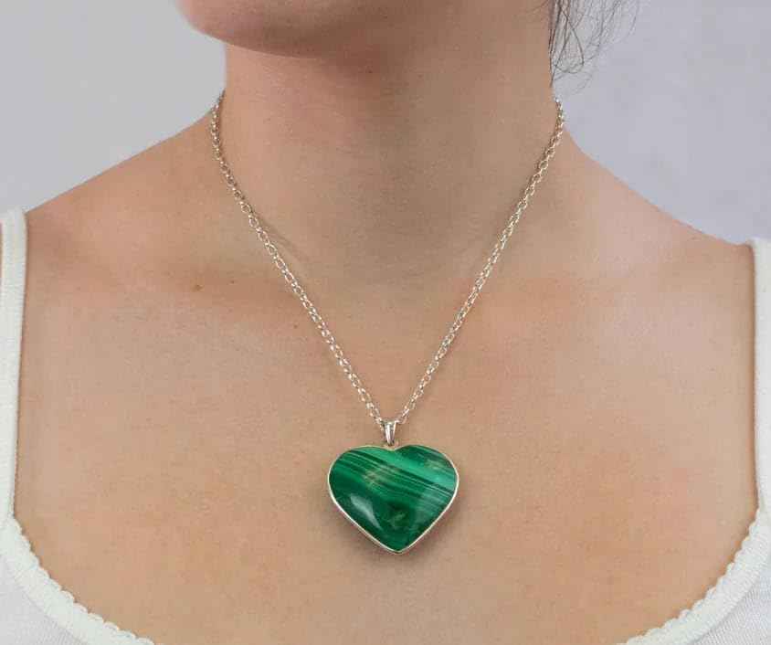 Divinity Crystals Malachite Heart Pendant with Metal Chain for Balance, Manifestation, and Intuition - A Stone of Transformation