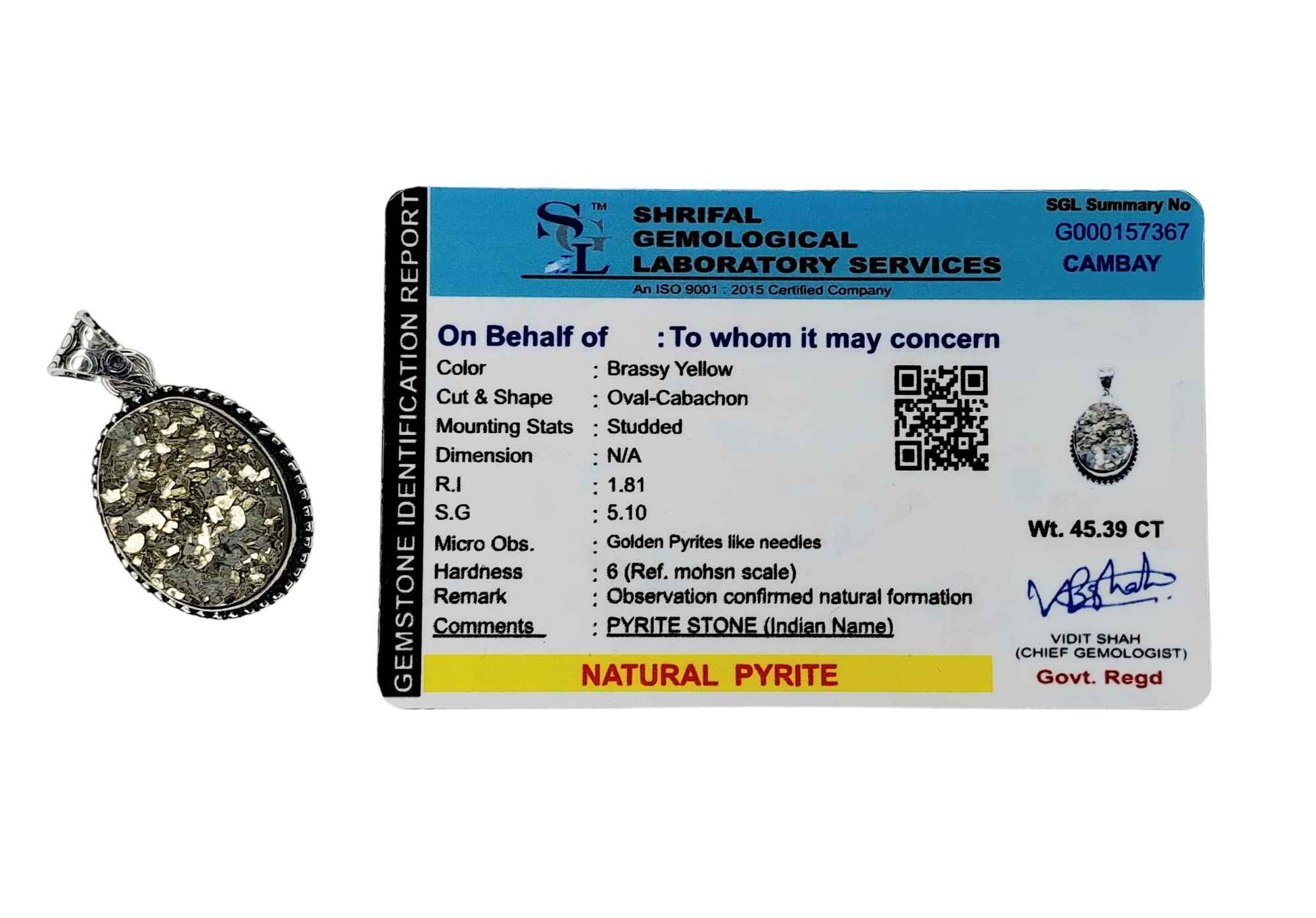 Natural Pyrite Crystal Pendant for Wealth, Prosperity, and Good Luck - Unisex Certified