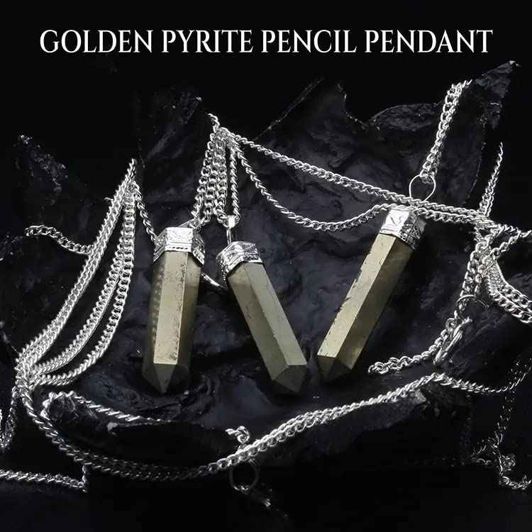 Divinity Crystals Pyrite Pencil Locket Pendant with Chain for Will Power, Manifestation, and Financial Abundance