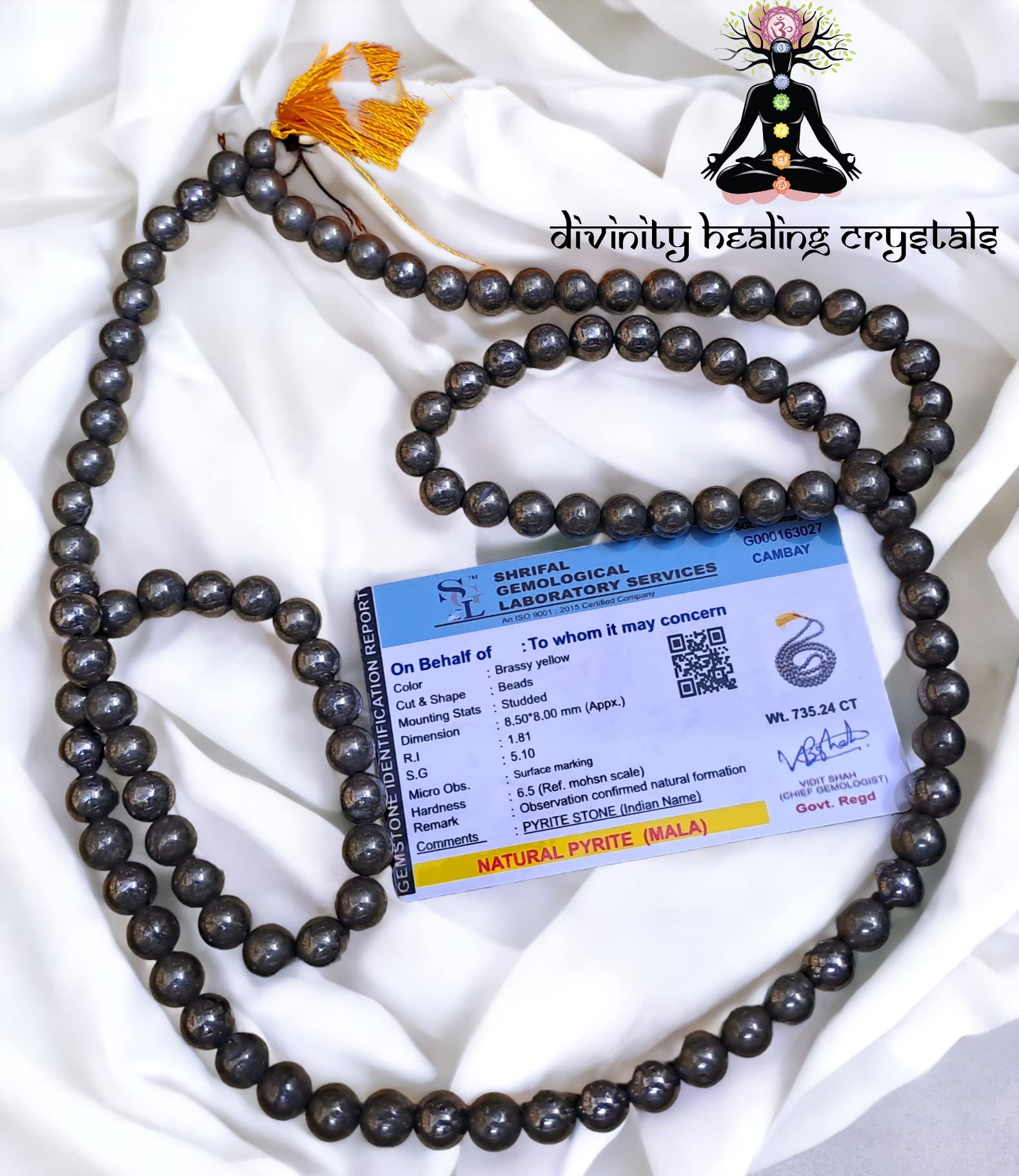 Divinity Crystals Jaap Mala Collection for Men and Women - Natural Pure 8mm Beads for Yoga, Reiki, Meditation & Feng Shui with Natural Pyrite Mala
