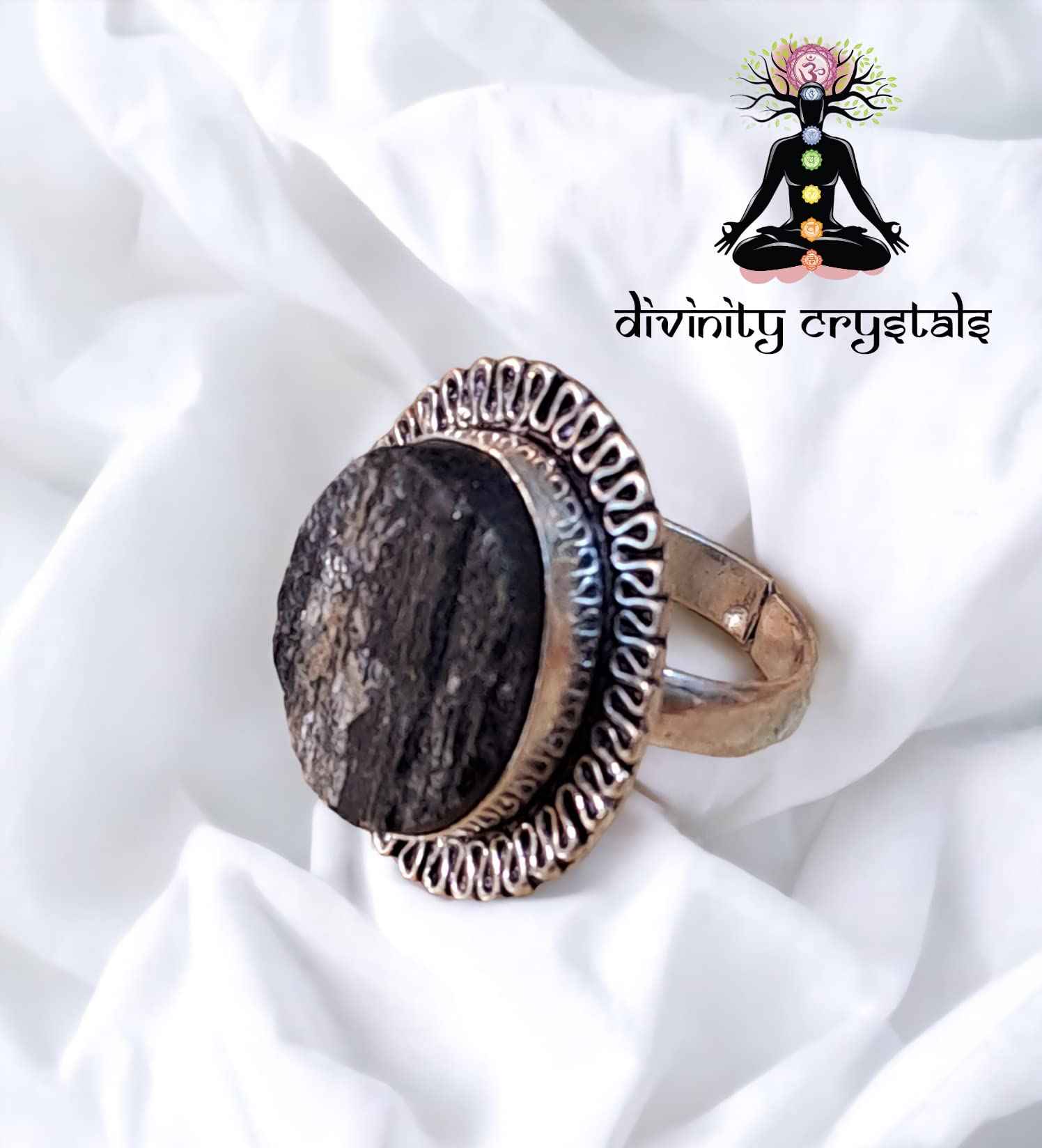 Divinity Certified Black Tourmaline Crystal Ring for Protection, Motivation, and Healing