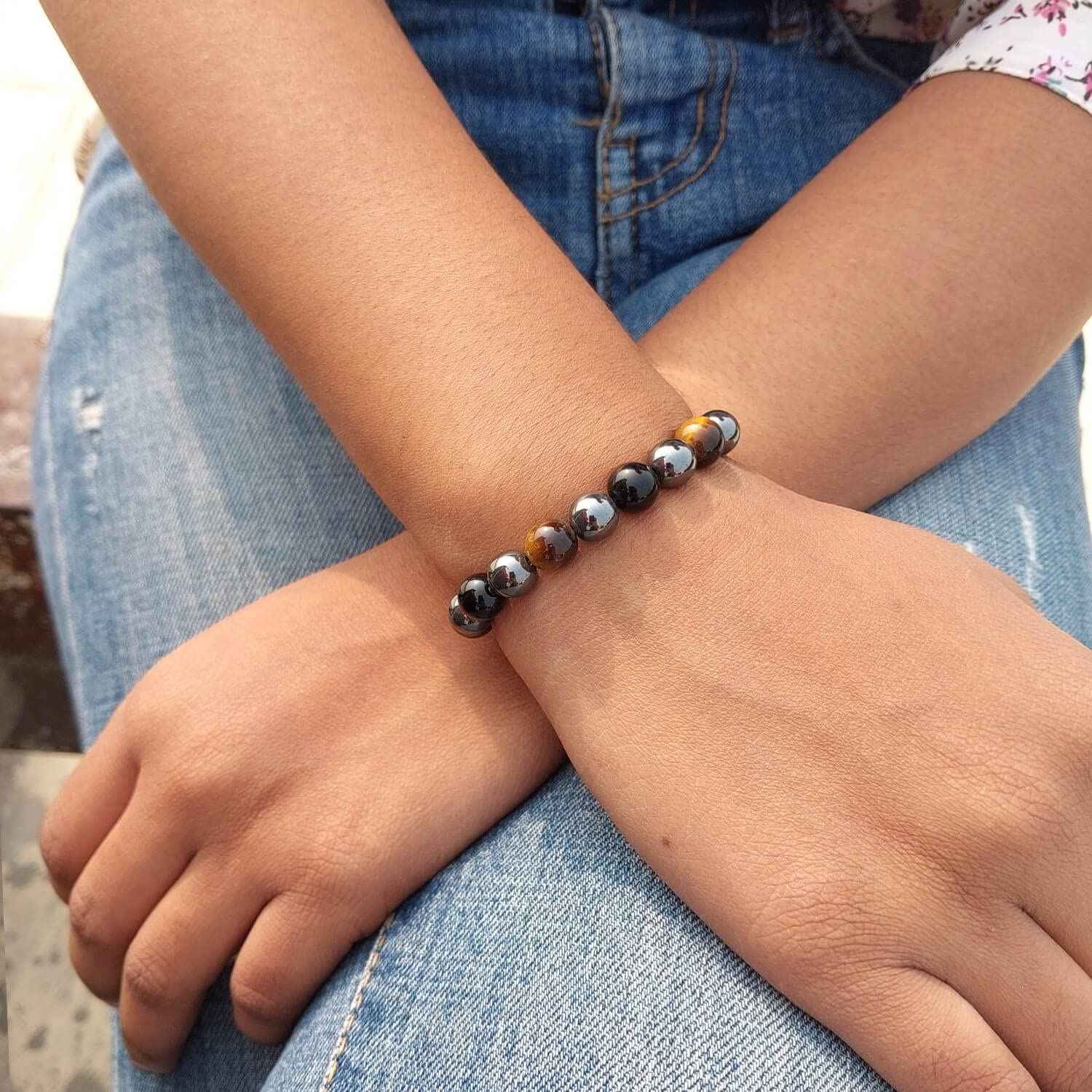 Divinity Crystals Triple Protection Bracelet - AAA Grade Natural Healing Gemstone Stretchable Bracelet for Yoga, Reiki, Meditation, Feng Shui for Women and Men