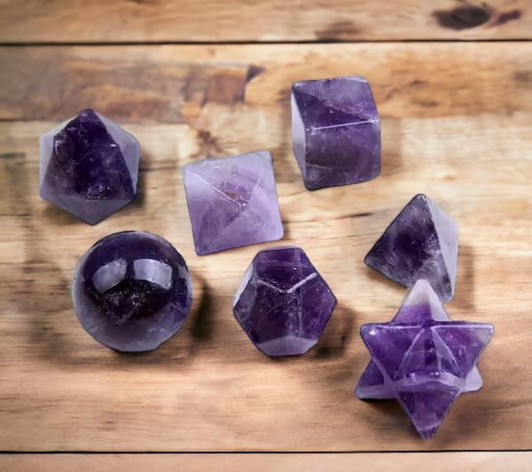 Amethyst Sacred Geometry Set - 7 Piece Healing Crystal Platonic Solid Shape Set for Chakra Balancing