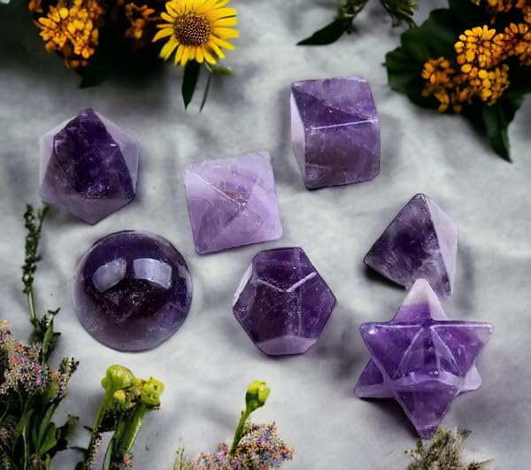 Amethyst Sacred Geometry Set - 7 Piece Healing Crystal Platonic Solid Shape Set for Chakra Balancing