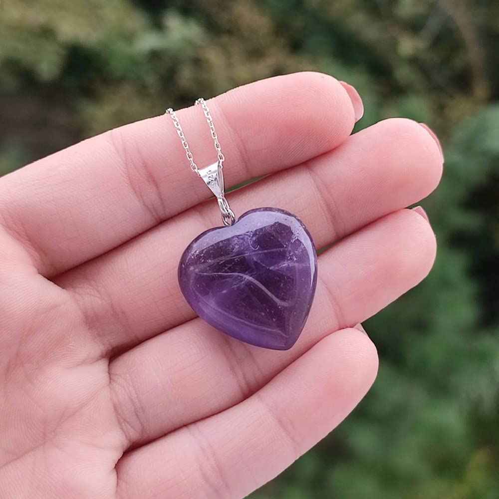Genuine Amethyst Heart Pendant for Memory Power and Crown Chakra Healing